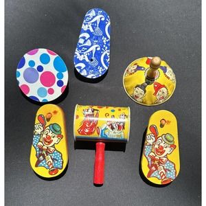 6 Vintage Tin Party Noise Makers US Metal Kirchhof Clowns Wood Handle -5W